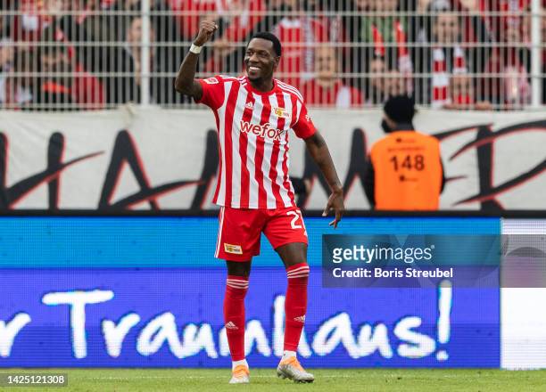 Sheraldo Becker of 1.FC Union Berlin celebrates after scoring his team's second goal during the Bundesliga match between 1. FC Union Berlin and VfL...