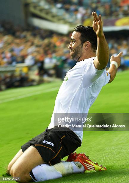 Adil Rami of Valencia CF celebrates after scoring during the UEFA Europa League quarter final second leg match between Valencia CF and AZ Alkmaar at...