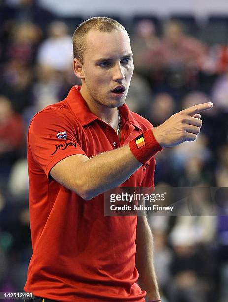 Steve Darcis of Belgium reacts in his match against Joshua Goodall of Great Britain during day one of the Davis Cup match between Great Britain and...