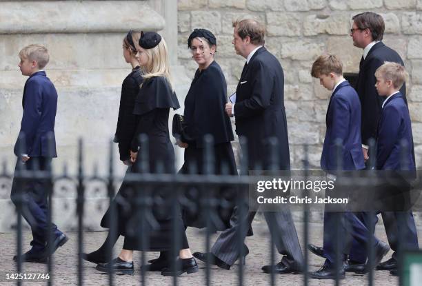 Children of the Queen Consort, Laura Lopes and Tom Parker Bowles arrive with their family at Westminster Abbeyahead of The State funeral of Queen...