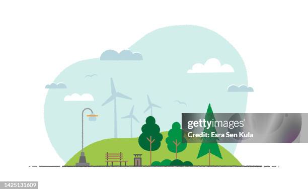 skizzenhafte grüne parklandschaft im vektorstil mit windkraftanlagen hinter dem hügel - urban landscape stock-grafiken, -clipart, -cartoons und -symbole