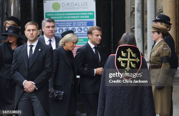Brigitte Macron and President of France, Emmanuel Macron arrive at Westminster Abbey ahead of the State Funeral of Queen Elizabeth II on September...