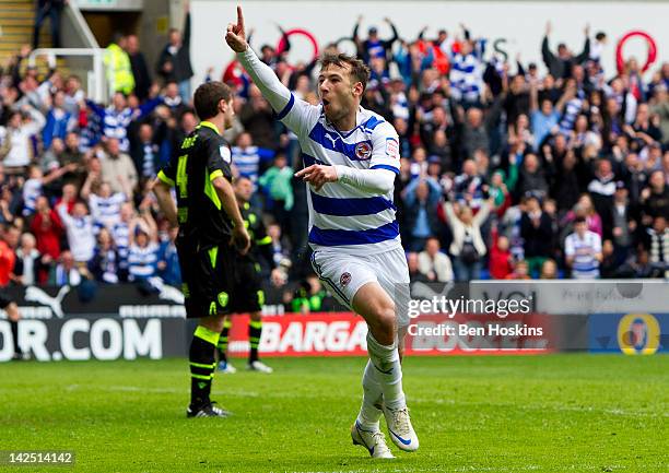 Adam Le Fondre of Reading celebrates scoring his team's first goal during the npower Championship match between Reading and Leeds United at The...