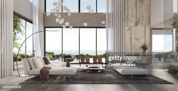 3d renders of luxurious interiors of a modern living room - modern curtain style stock pictures, royalty-free photos & images