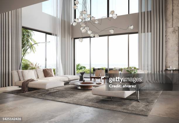 3d renders of a modern home interior with luxurious furniture - big living room imagens e fotografias de stock