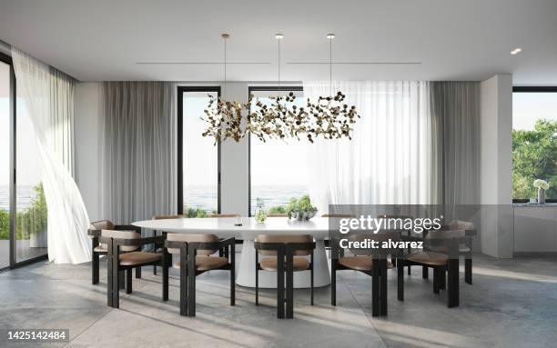 3d renders of a luxurious dining room area design - dining table stock pictures, royalty-free photos & images