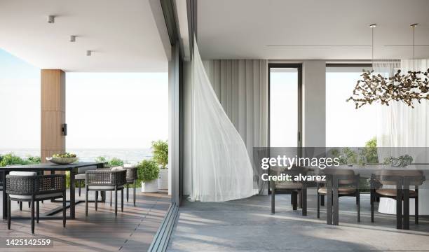 representación 3d del interior de una casa moderna - puerta corrediza fotografías e imágenes de stock