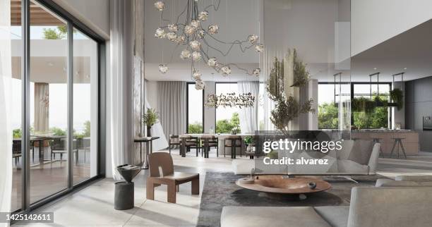 3d rendering of a full furnished living room - interior modern stockfoto's en -beelden