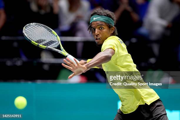 Elias Ymer of Sweden watches the ball against Matteo Berrettini of Italy during the Davis Cup Group Stage 2022 Bologna match between Italy and Sweden...
