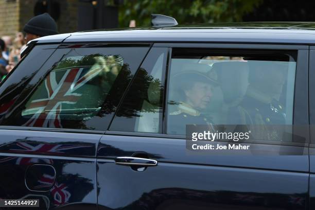 Anne, Princess Royal and Vice Admiral Sir Timothy Laurence arrive at The State Funeral of Queen Elizabeth II on September 19, 2022 in London,...