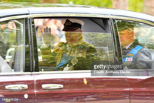 King Charles III is seen on The Mall ahead of The State Funeral of Queen Elizabeth II on September 19, 2022 in London, England. Elizabeth Alexandra...