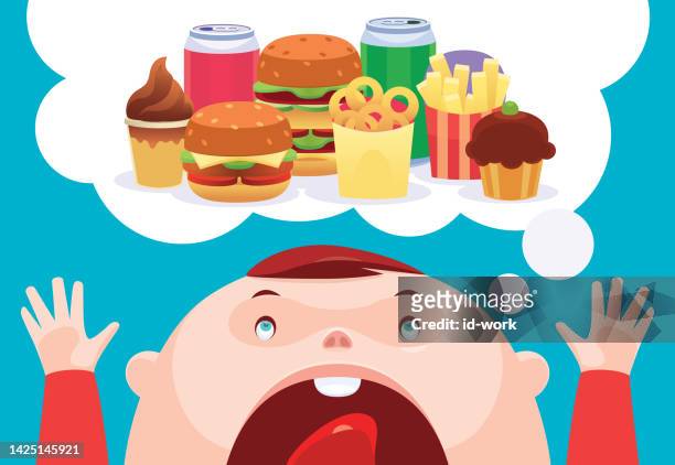 ilustraciones, imágenes clip art, dibujos animados e iconos de stock de niño pequeño pensando en comida chatarra - unhealthy eating