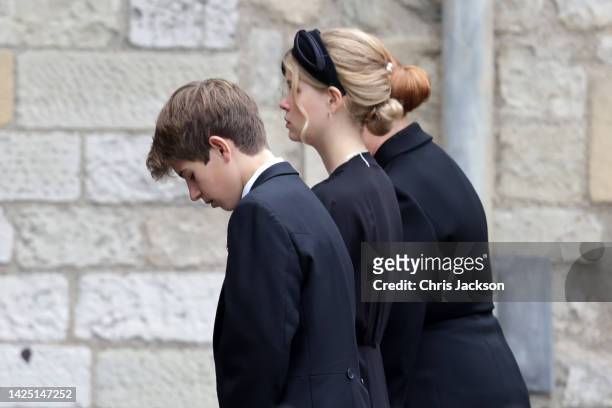 James, Viscount Severn and Lady Louise Windsor arrive at Westminster Abbey for The State Funeral of Queen Elizabeth II on September 19, 2022 in...