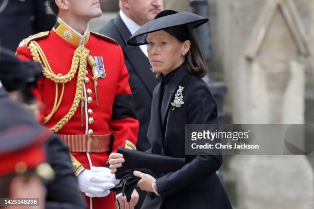 Lady Sarah Chatto arrives for the State Funeral for Queen Elizabeth II on September 19, 2022 in London, England. Elizabeth Alexandra Mary Windsor was...