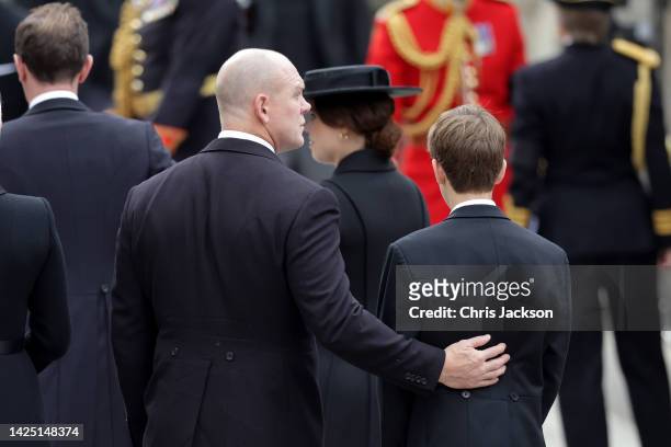 Mike Tindall and James, Viscount Severn arrive at Westminster Abbey for The State Funeral for Queen Elizabeth II on September 19, 2022 in London,...