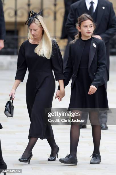 Lady Davina Lewis and daughter Senna Kowhai Lewis arrive at Westminster Abbey ahead of the State Funeral of Queen Elizabeth II on September 19, 2022...