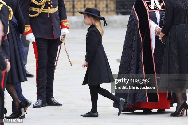 Princess Charlotte of Wales arrives at Westminster Abbey ahead of the State Funeral of Queen Elizabeth II on September 19, 2022 in London, England....