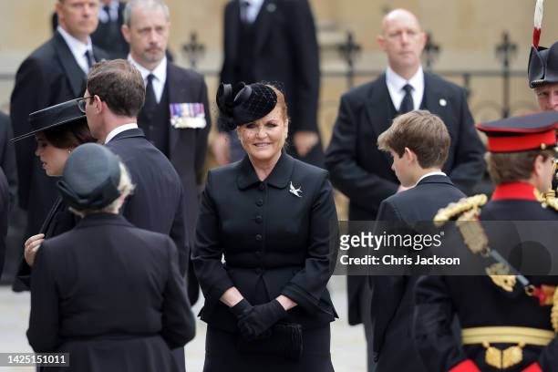 Sarah, Duchess of York arrives at Westminster Abbey ahead of the State Funeral of Queen Elizabeth II on September 19, 2022 in London, England....