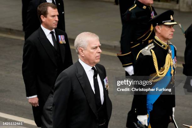 Peter Phillips, Prince Andrew, Duke of York and Prince Edward, Earl of Wessex arrive at Westminster Abbey for the State Funeral of Queen Elizabeth II...