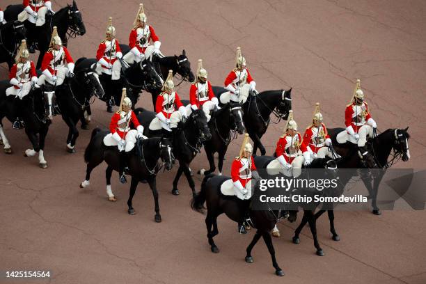 Household Cavalry ahead of the State Funeral of Queen Elizabeth II at Wellington Arch on September 19, 2022 in London, England. Elizabeth Alexandra...