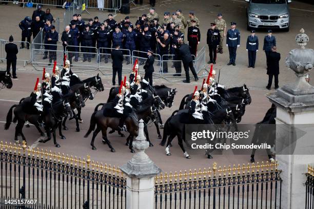 The Household Cavalry are seen in Westminster on September 19, 2022 in London, England. Elizabeth Alexandra Mary Windsor was born in Bruton Street,...