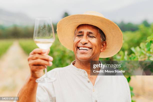 happy senior wine farmer with glass of white wine at sustainable vineyard field or agriculture winery farm. mexico sustainability farming winemaker or sommelier smile, drink and taste alcohol harvest - south africa wine stock pictures, royalty-free photos & images