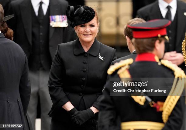 Sarah, Duchess of York arrives at Westminster Abbey ahead of the State Funeral of Queen Elizabeth II on September 19, 2022 in London, England....