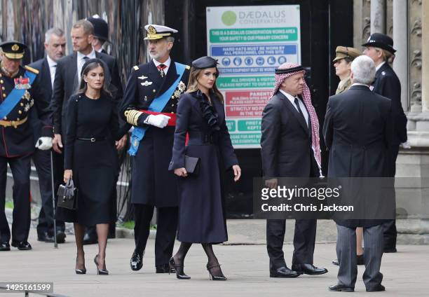 Queen Letitzia of Spain,King Felipe VI of Spain, Queen Rania of Jordan and Abdullah II of Jordan arrive at Westminster Abbey ahead of The State...