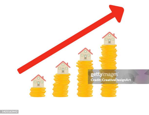 rising house prices. houses on gold coin heaps with arrow symbol - devaluation stock illustrations