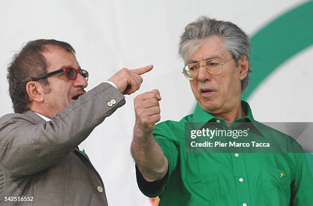 Roberto Maroni and Umberto Bossi appear during the annual meeting of Lega Nord party June 14, 2009 in Pontida Bergamo, Italy. According to reports...