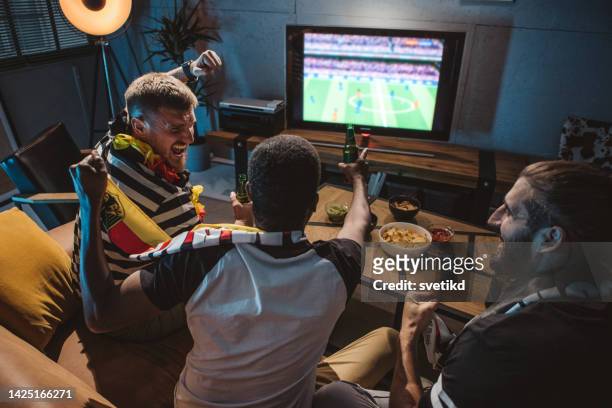 watching soccer championship at home - watching game stock pictures, royalty-free photos & images