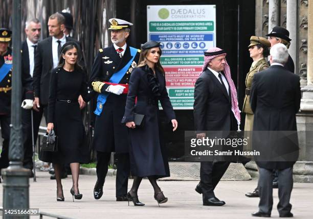 Queen Letizia of Spain, Felipe VI of Spain, Queen Rania of Jordan and Abdullah II of Jordan arrive for the State Funeral of Queen Elizabeth II at...
