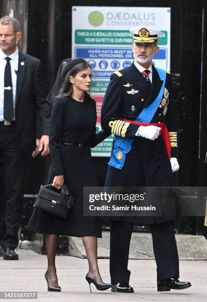 Queen Letizia of Spain and Felipe VI of Spain arrive for the State Funeral of Queen Elizabeth II at Westminster Abbey on September 19, 2022 in...