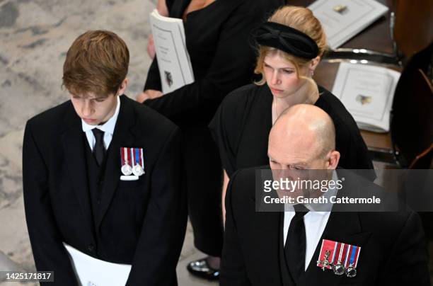 James, Viscount Severn, Lady Louise Windsor and Mike Tindall at Westminster Abbey for The State Funeral of Queen Elizabeth II on September 19, 2022...
