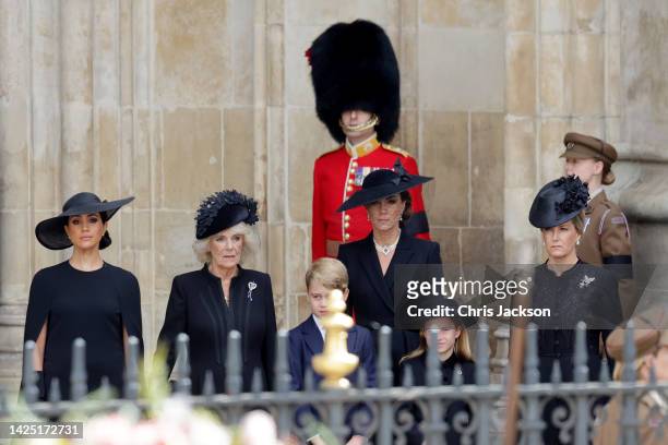Meghan, Duchess of Sussex, Camilla, Queen Consort, Prince George of Wales, Catherine, Princess of Wales, Princess Charlotte of Wales and Sophie,...