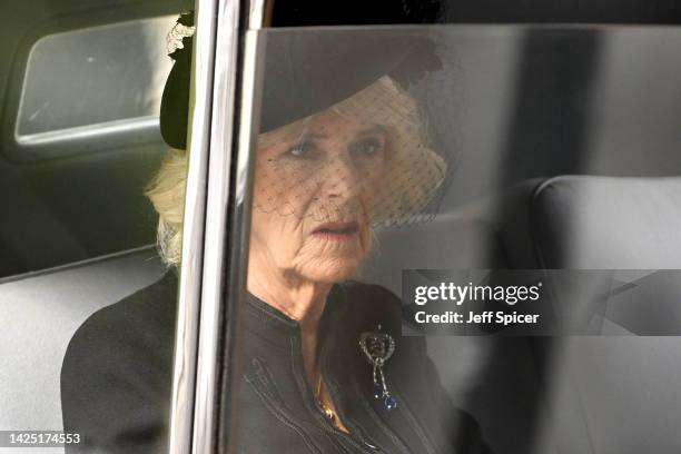 Camilla, Queen Consort is seen leaving Westminster Abbey on September 19, 2022 in London, England. Elizabeth Alexandra Mary Windsor was born in...