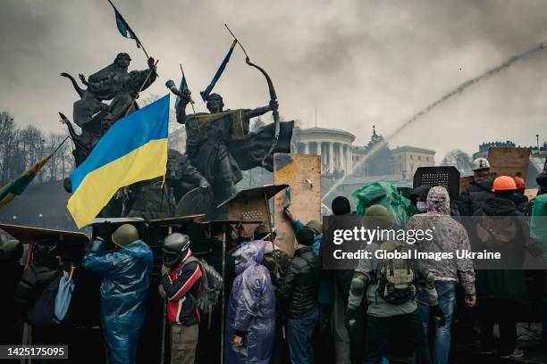 Protesters fighting government forces at barricades on Maidan Nezalezhnosti on February 19, 2014 in Kyiv, Ukraine. A wave of civil protests, known as...