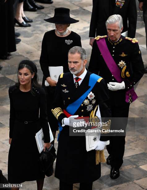Queen Mathilde of Belgium, King Philippe of Belgium, Queen Letizia of Spain and King Felipe VI of Spain are seen in Westminster Abbey during The...