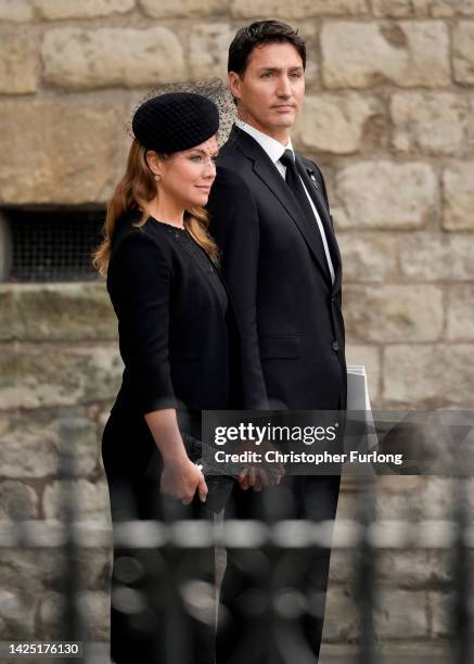 Sophie Grégoire and Prime Minister of Canada, Justin Trudeau depart Westminster Abbey after the funeral service of Queen Elizabeth II on September...
