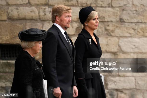 Beatrix of the Netherlands, King Willem-Alexander of the Netherlands and Queen Máxima of the Netherlands depart Westminster Abbey after the funeral...