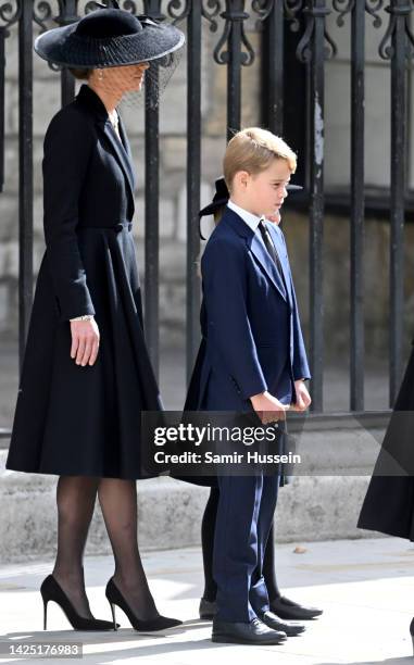 Prince George of Wales, Catherine, Princess of Wales, Princess Charlotte of Wales during the State Funeral of Queen Elizabeth II at Westminster Abbey...