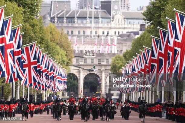 Horse Guards Parade after the State Funeral of Queen Elizabeth II along The Mall on September 19, 2022 in London, England. Elizabeth Alexandra Mary...