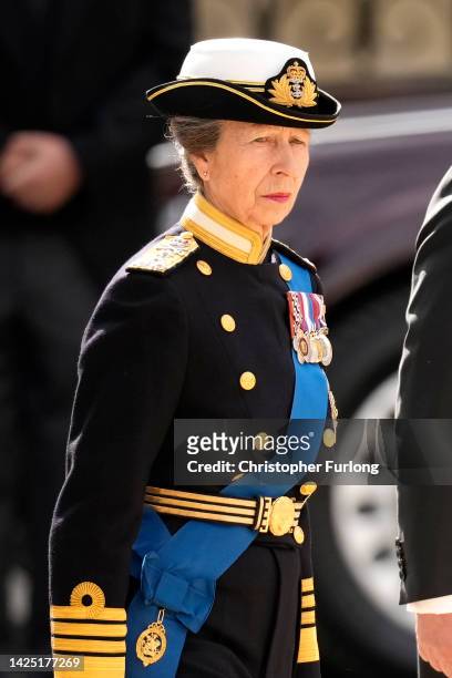 Anne, Princess Royal, departs Westminster Abbey after the funeral service of Queen Elizabeth II on September 19, 2022 in London, England. Elizabeth...
