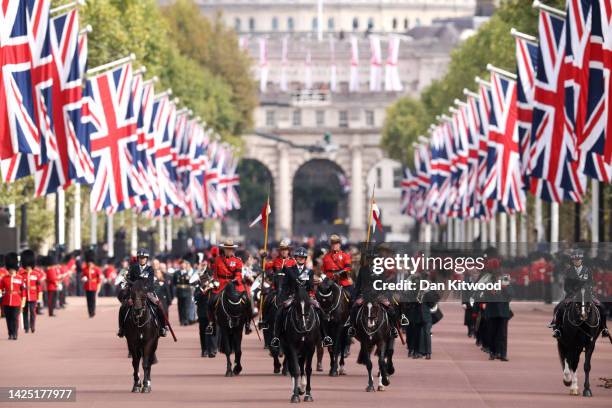 Mounties of the Royal Canadian Mounted Police along The Mall on September 19, 2022 in London, England. Elizabeth Alexandra Mary Windsor was born in...