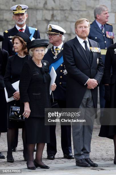 Queen Silvia of Sweden, Beatrix of the Netherlands, Carl XVI Gustaf, King of Sweden and King Willem-Alexander of the Netherlands leave Westminster...