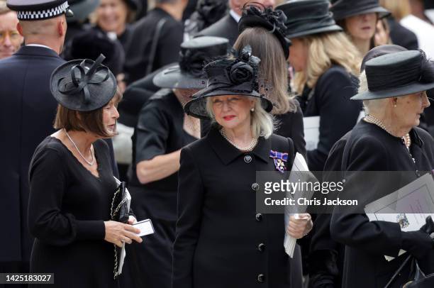 Angela Kelly leaves Westminster Abbey during the State Funeral of Queen Elizabeth II on September 19, 2022 in London, England. Elizabeth Alexandra...