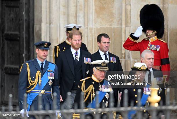 William, Prince of Wales, Prince Harry, Duke of Sussex, Peter Phillips, King Charles III, Anne, Princess Royal and Prince Andrew, Duke of York depart...