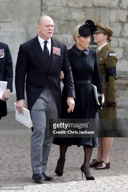 Mike Tindall and Zara Tindall depart Westminster Abbey during The State Funeral of Queen Elizabeth II on September 19, 2022 in London, England....