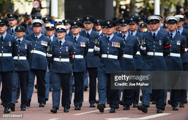 Royal Air Force travels down The Mall after the State Funeral Of Queen Elizabeth II on September 19, 2022 in London, England. Elizabeth Alexandra...