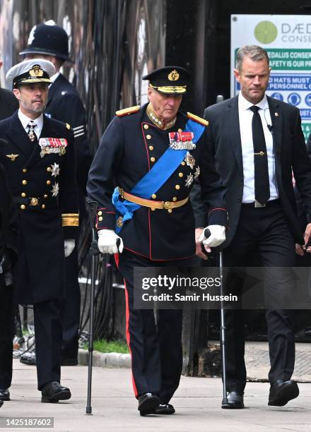 Harald V of Norway arrives for the State Funeral of Queen Elizabeth II at Westminster Abbey on September 19, 2022 in London, England. Elizabeth...